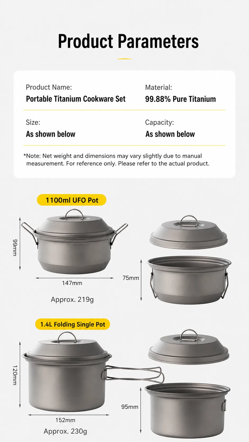 Ultralight duo nesting camping cookware system